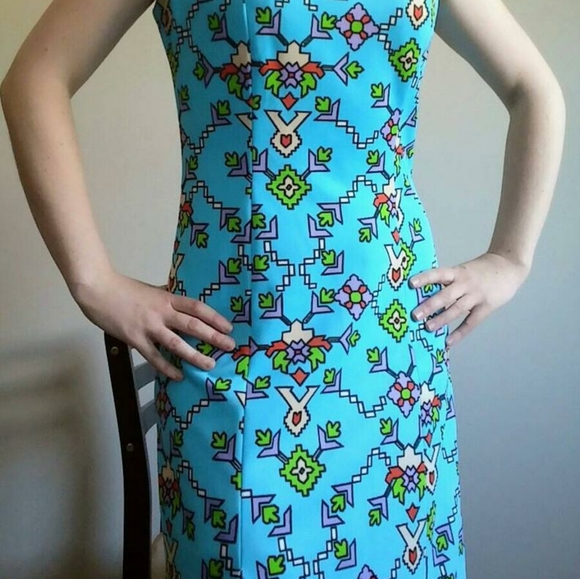 60's Cheongsam Turquoise Aztec Designer Dress - Picture 6 of 9